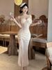 Heißes Mädchen Sexy trägerloses Netz-Abendkleid mit hohem Schlitz