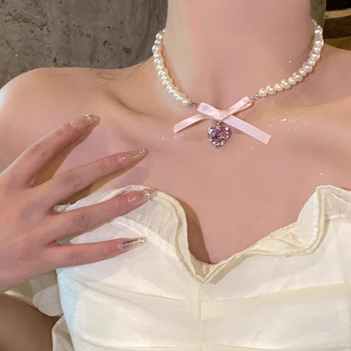 Women s Niche Design Pink Heart Bow Pearl Necklace розовый