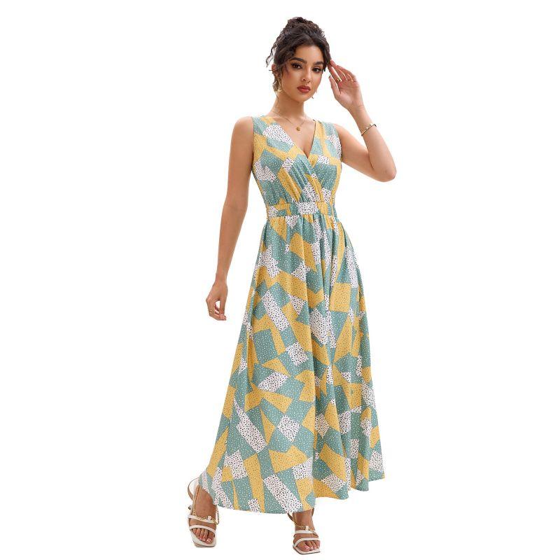 Summer Fashion Print Sleeveless V-neck Women Dress Swing Dress