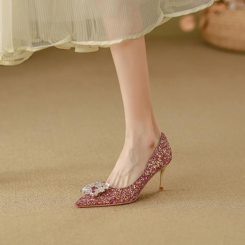 Leather Xiuhe Dress Wedding Shoes Women's 2025 Red Sequins High-end Stiletto Chinese Bridal High Heels Are Not Tired