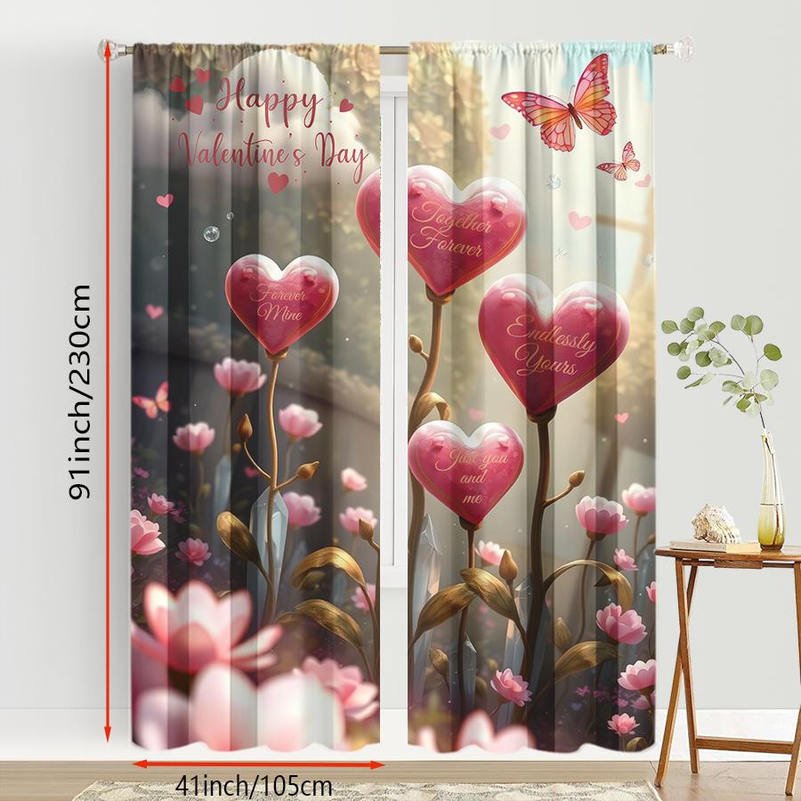2PCS Pink Heart Flower Language Valentine's Day Curtains   Romantic Confession Style   Bedroom Living Room   Pull Up Pocket Style