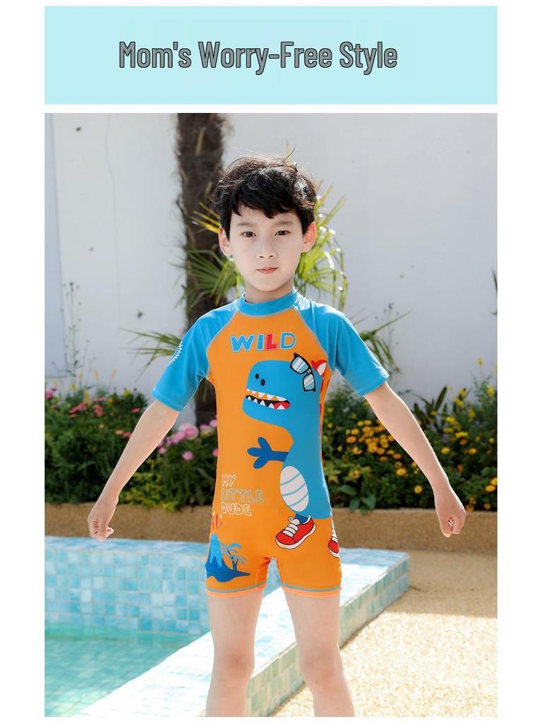 Children's Boys' One-Piece Short-Sleeve Swimsuit: Medium & Large, Quick-Dry, UV Protection