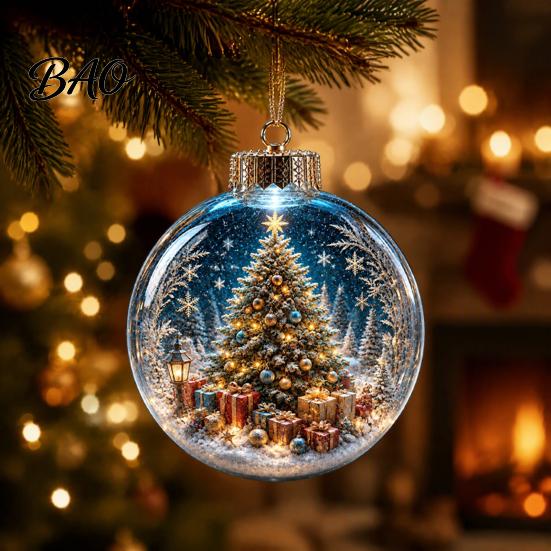 Christmas Theme Decorations Ball Ornament with LED Lights, Snow Scene Acrylic Clear Decor Decor, Shatterproof Xmas Tree Hanging Sphere Holiday