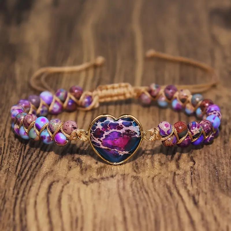 Colored Gemstone Braided Bracelet, Bohemian Vacation Bracelet, Women's Adjustable Bracelet, Gift for Girls, Heart-shaped Gemstone Bracelet