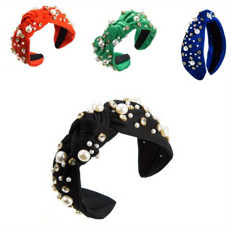 

Рождественская повязка на голову с жемчугом для женщин, красная зеленая жемчужная повязка со стразами и кристаллами, украшенная драгоценными камнями, модная элегантная женская повязка с широким узлом