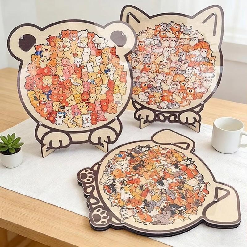New Cartoon Wooden Puzzle Toy Animal Dog Cat Bear Theme Fun Educational Toys Cat Shaped Puzzle Toys Puppy Home Decor