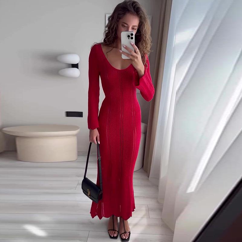 2024 Jesień Damska Sukienka Bodycon w Jednolitym Kolorze z Dekoltem U i Długim Rękawem