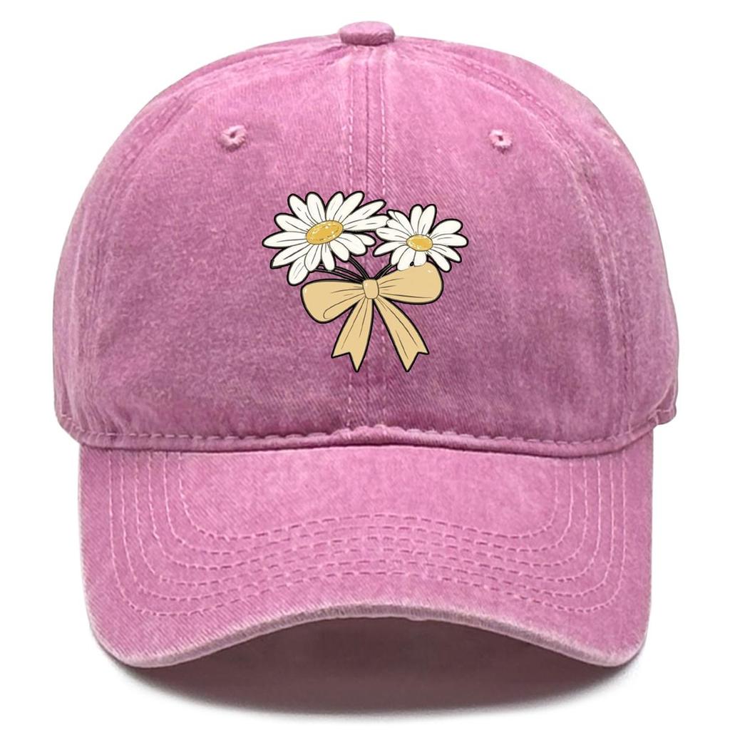 Daisy Bowknot Print Snapback Baseball Hat, Flower Trucker Hat Sun Protective Solid Vintage Casual Adjustable Baseball Cap