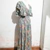 Floral Print V-neck Ruffled Short Sleeve Dress Women Casual A-Line High Waist Backless Slit Ankle-Length Spring Dress