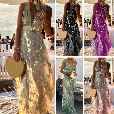 Deep V Neck Sleeveless Waist Tight Flowy Hem Sexy Dress Women Bronzing Applique Elegant Holiday Long Dress Female Clothing