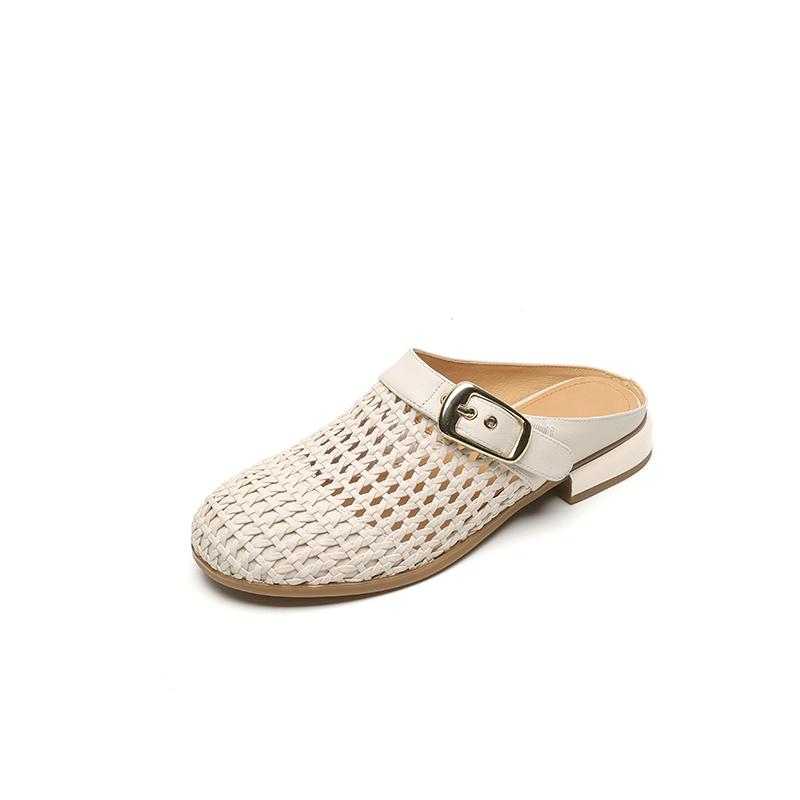 

Fashion New Summer Slippers Summer Shoes Round Toe Low Heels Sandals for Women Fashion Hollow Out Split Leather Slippers Ladies Shoes 34