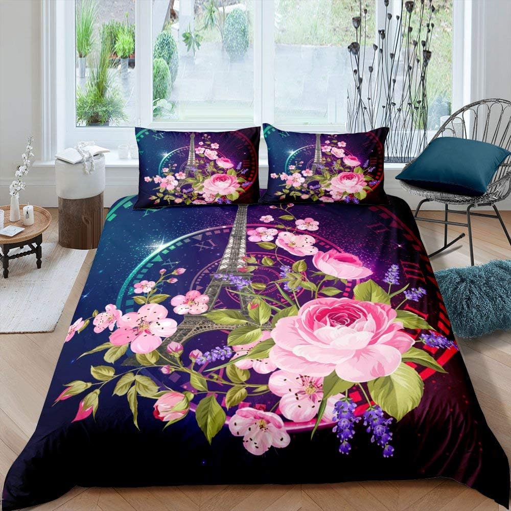 Eiffel Tower Bedding Set Twin Queen Pink Cherry Blossom Duvet Cover Romantic Theme Butterfly Print Comforter Cover for Girl Boys