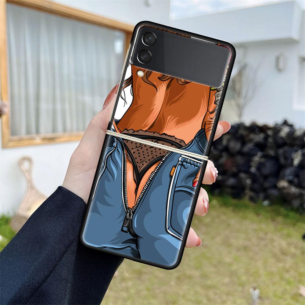 Luxury Case For Samsung Galaxy Z Flip 4 3 5G Black PC Hard Phone Cases Fashion Back Cover ZFlip Funda Sexy Tattoo Girl Shell Sac