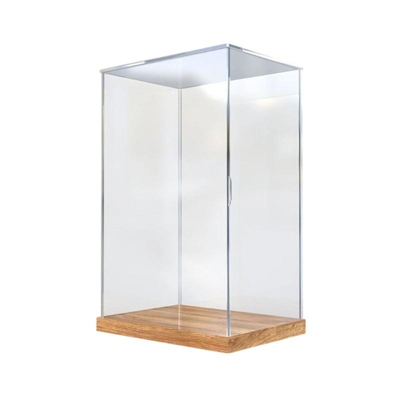 Clear Dustproof Plush Toy Organizers With Bamboos Base Acrylic Display Case For Bedroom And Study Room Storage