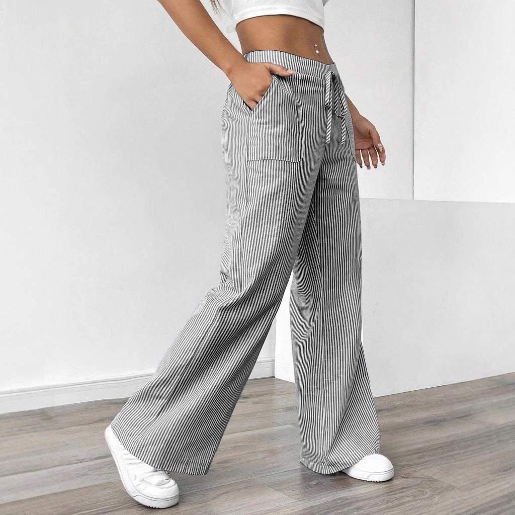 Women's Striped Drawstring Waist Wide Leg Pants in Multiple Colors