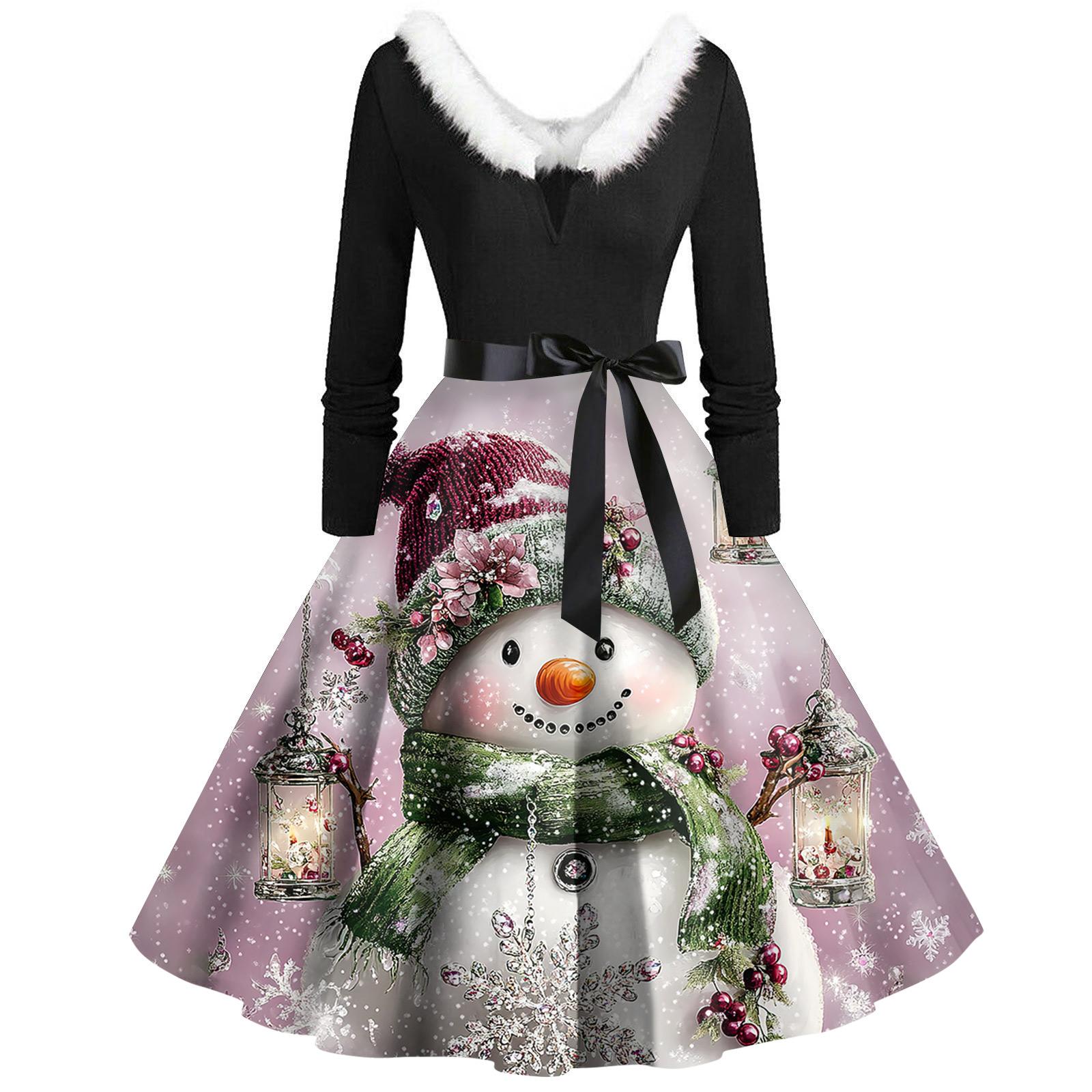 

Рождественский принт расклешенное платье для женщин платье с длинным рукавом полые вечерние повседневные платья XL