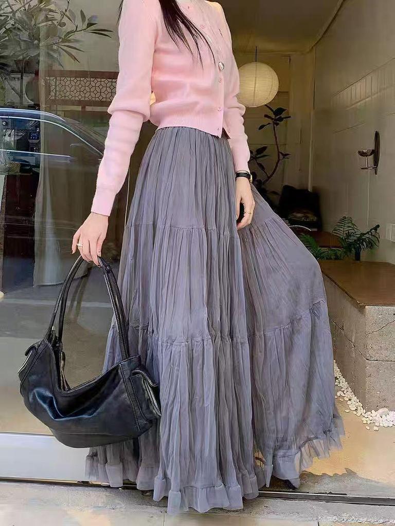 Korean-Style Solid Color Mesh Spliced A-line Skirt for Women - Elegant, Slimming, Versatile, Wide Hem for Spring & Autumn