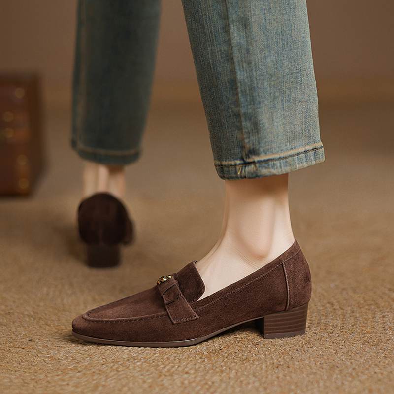 Krazing Pot Sheep Suede Autumn Winter Shoes Metal Decoration Loafers Med Heels Slip On Size 42 Round Toe Slip On Deep Mouth Pumps
