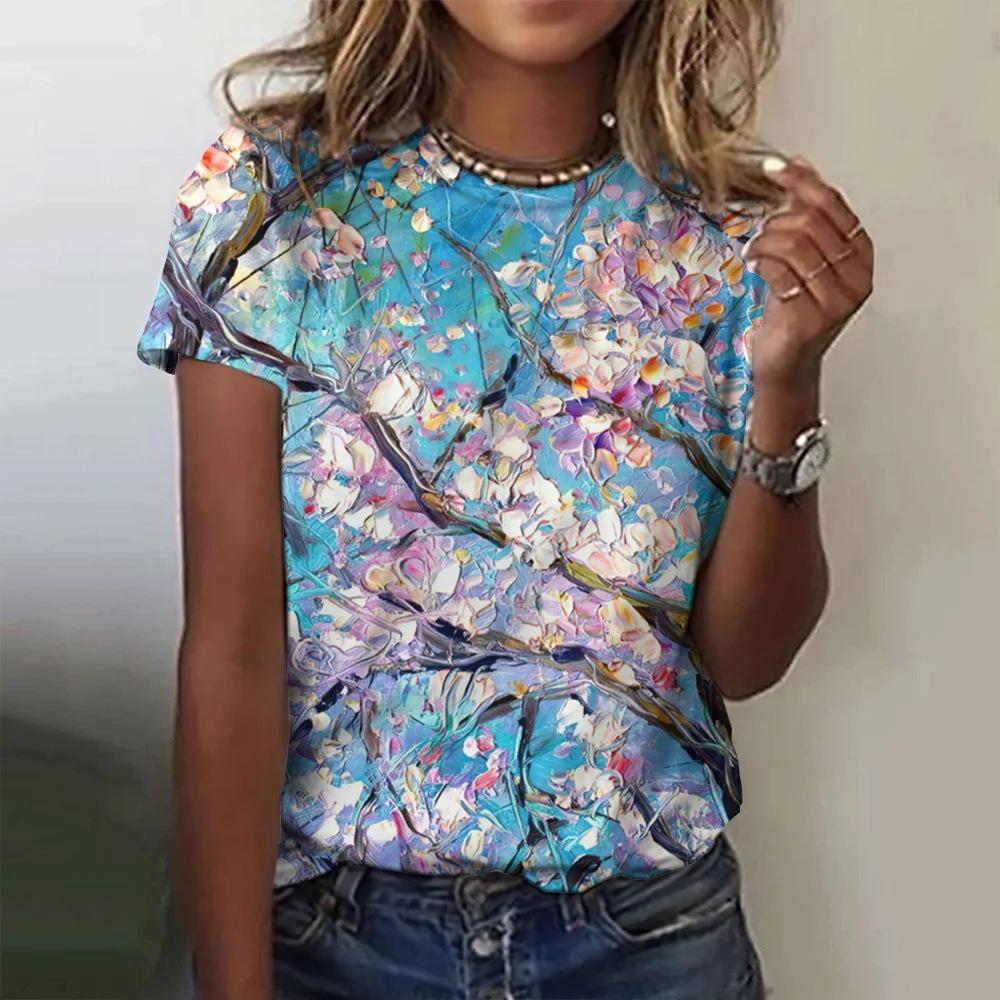 Schönes florales 3D-Digitaldruck Damenmode lässiges Rundhals Kurzarm T-Shirt