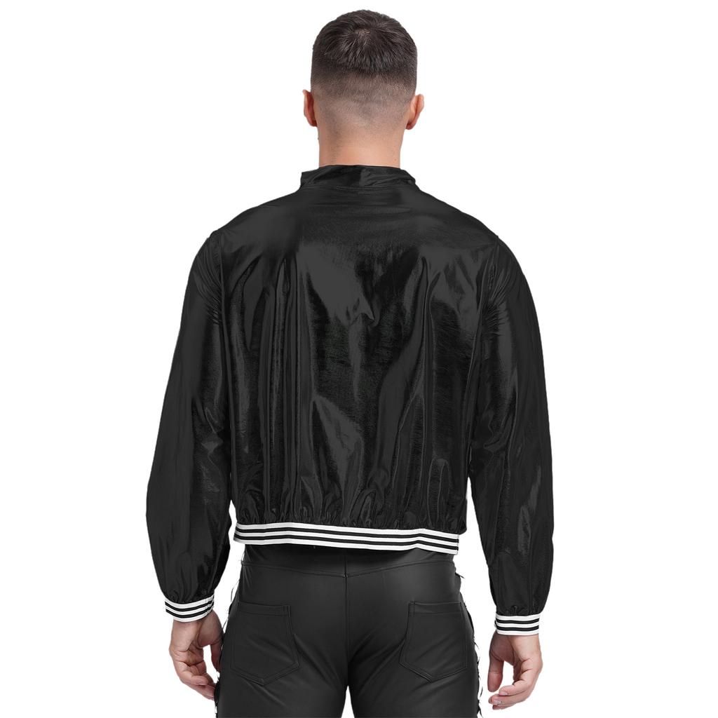 Mens Metallic Bomber Jacket Striped Band Long Sleeve Shiny Outerwear Club Coat Street Style