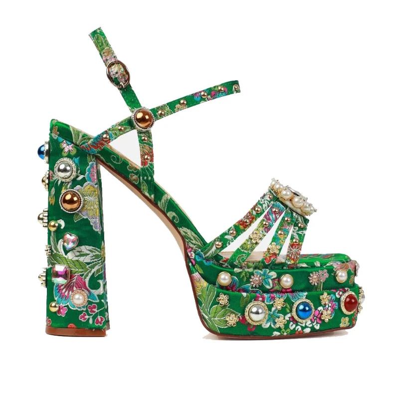 Móda 2024 Letní Saténové Sandály s Drahokamy z Kamínků 14,5cm Vysoký Podpatek Otevřená Špička Silný Podpatek Platforma Lesklé Dámské Boty na Vysokém Podpatku Velikost 34-43