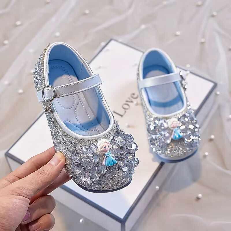 

Children s Princess Shoes Crystal Shoes Elsa Spring and Autumn New Girls Leather Shoes Soft Sole Baby Flats 23-28One Hand6Double синий