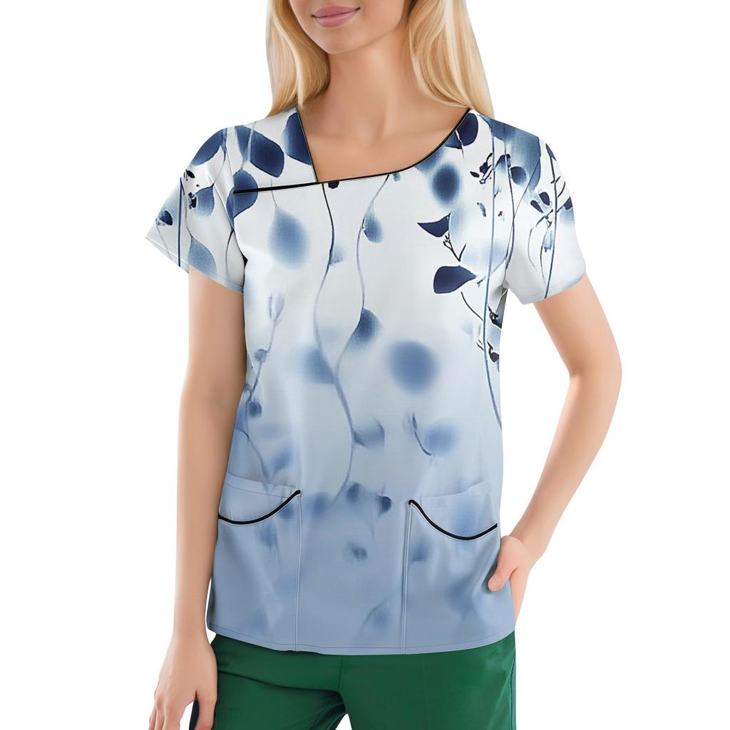 Women's Casual  Print Short Sleeve Sloping Collar Workwear Top With Double Pockets