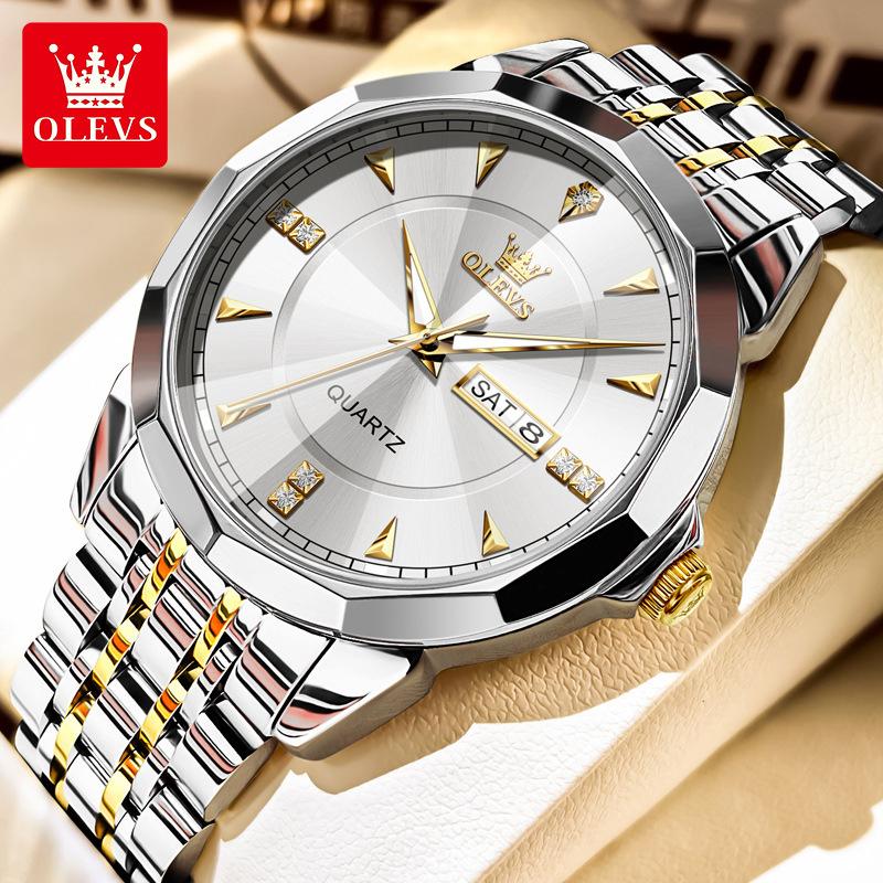 

OLEVS Men Watch Top Luxury Brand Men Quartz Watch Fashion Business Stainless Steel Date Week Diamond Scale Waterproof Watch белый/золотой