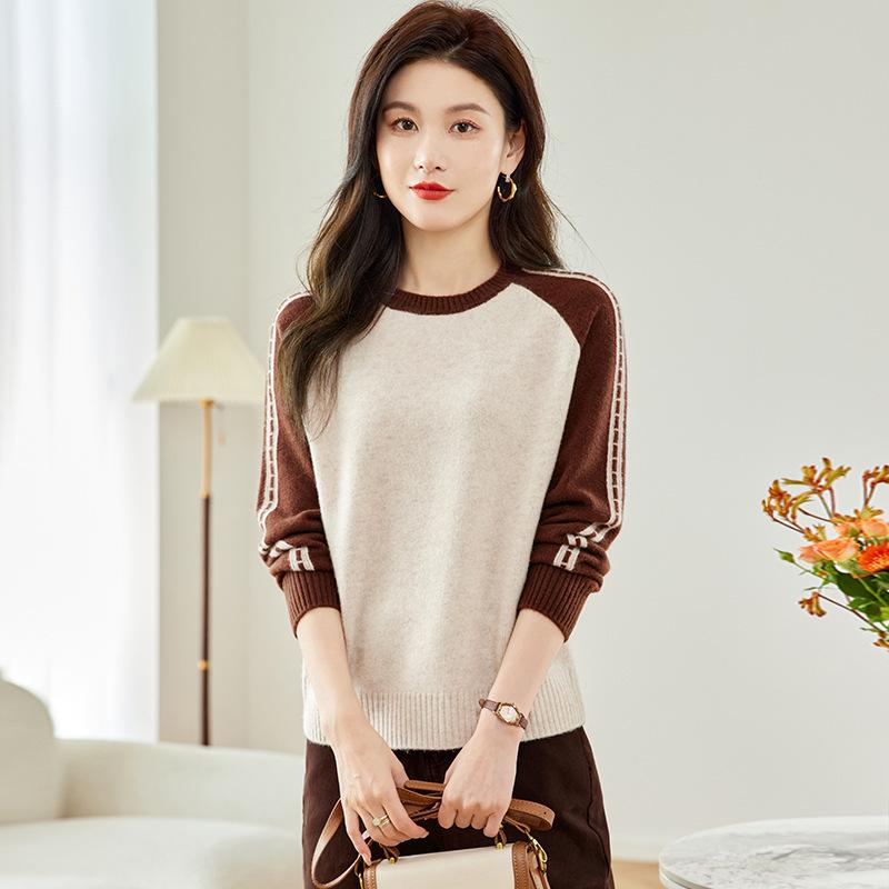 Women's High-End Wool Knit Color Block Sweater - Stylish, Slimming, Versatile Autumn/Winter Warm Base Layer Top