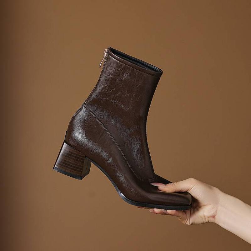 New Medium Heel Women's Medium Boots Solid Color Square Head Fashion Boots Women's Rear Zipper Large Size Women's Boots Korean Version Comf