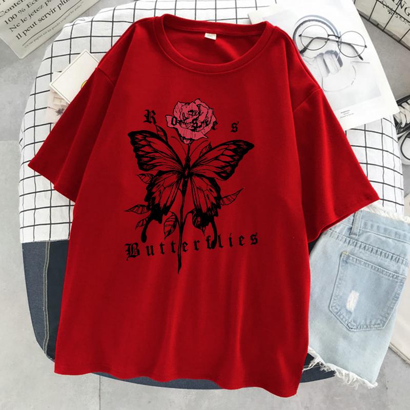

Футболка с сочетанием красных роз и бантов, женская уличная модная футболка, футболка большого размера, повседневная хлопковая футболка с коротким рукавом L