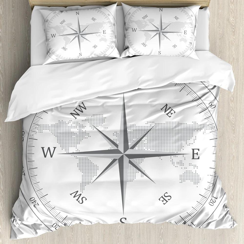 Compass Duvet Cover SetHand Drawn Windrose Floral Arrangement Design Compass Boating Theme PrintBedding Set DecorFull Size