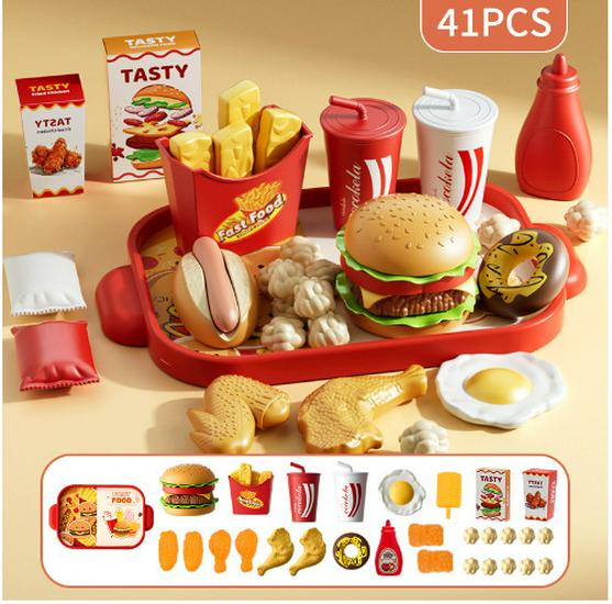 Kids' Pretend Kitchen Playset: Fast Food Pizza & Burger Meal with Fries, Egg Tart, and More