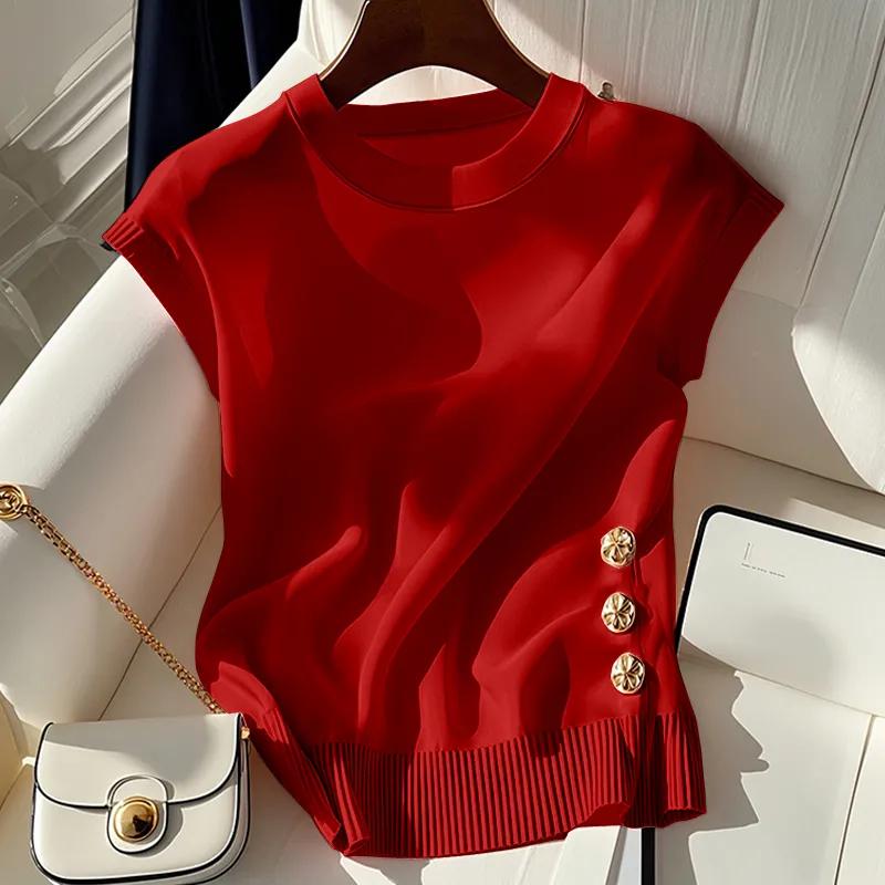 French Light Luxury Style Beautiful Pink Round Neck Knitted Sleeveless T-shirt for Women In Summer Chic Age-reducing Top