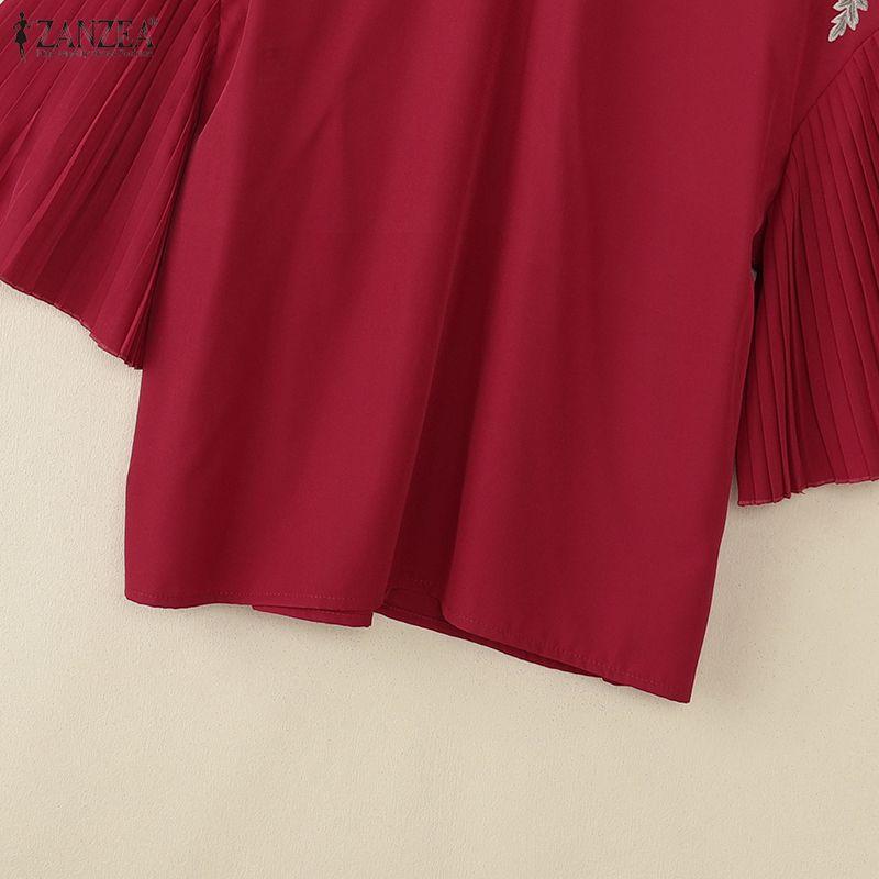 ZANZEA Women Casual Stand Collar Loose Pleated 3/4 Sleeve Print Blouse