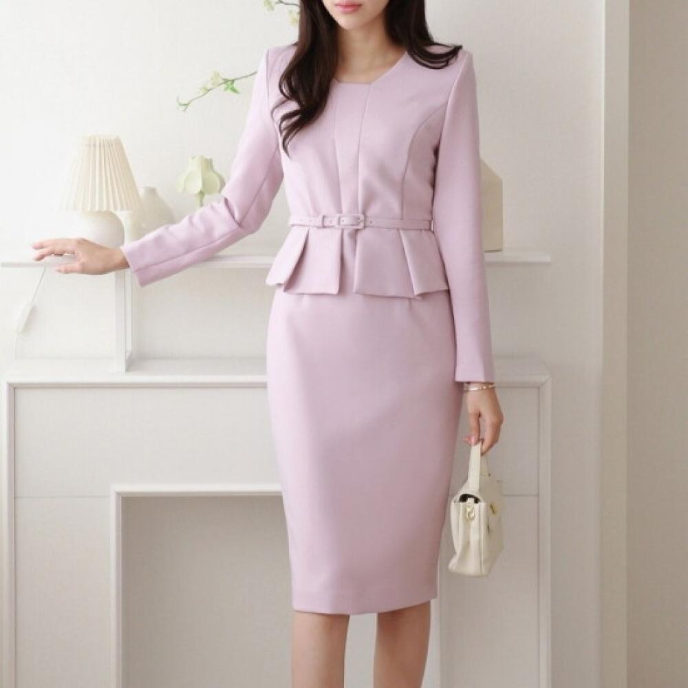 Style Latte Belted Pintuck Peplum H Line Midi Dress