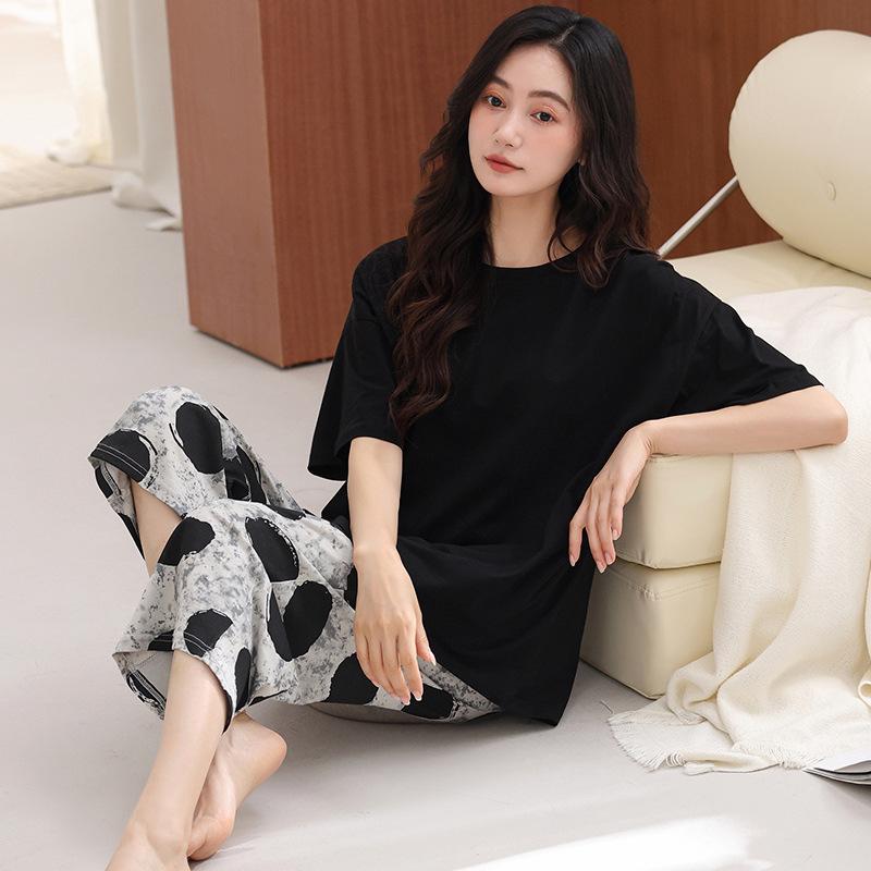 Short-sleeved pajamas women's summer pure cotton 1011 new cropped pants women's summer large-size loungewear suit spring and autumn