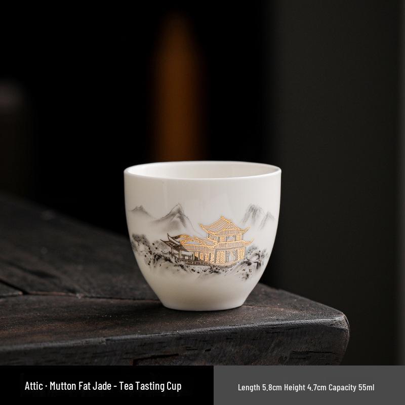 Jade Trim Sheep Fat Porcelain Tea Cup - Ceramic Kung Fu Master Cup