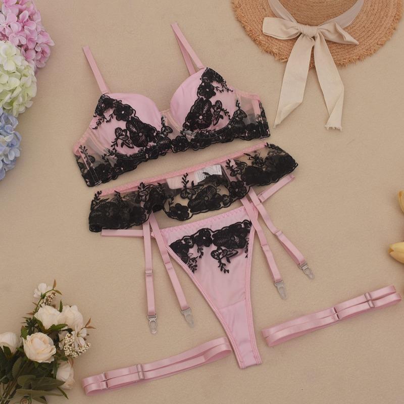 Sex Underwear Perspective Outfit Mesh Embroidery Contrasting Color Bra Sexy Temptation Set