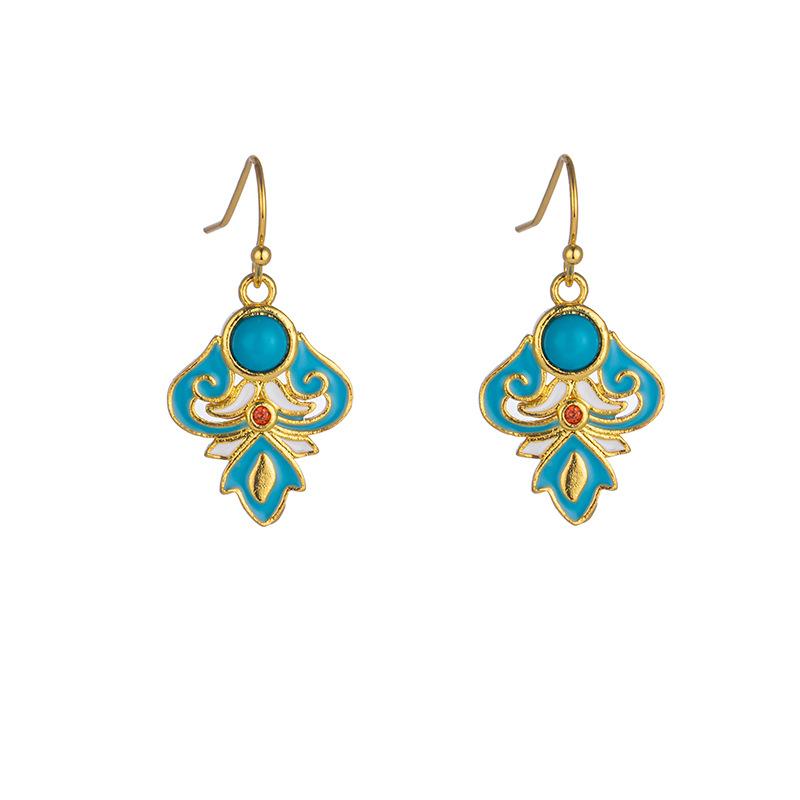 JMXD-Artificial Turquoise Enamel Earrings Jewelry Gold-plated Ethnic Style Retro Literary Texture  Female Chinese Style