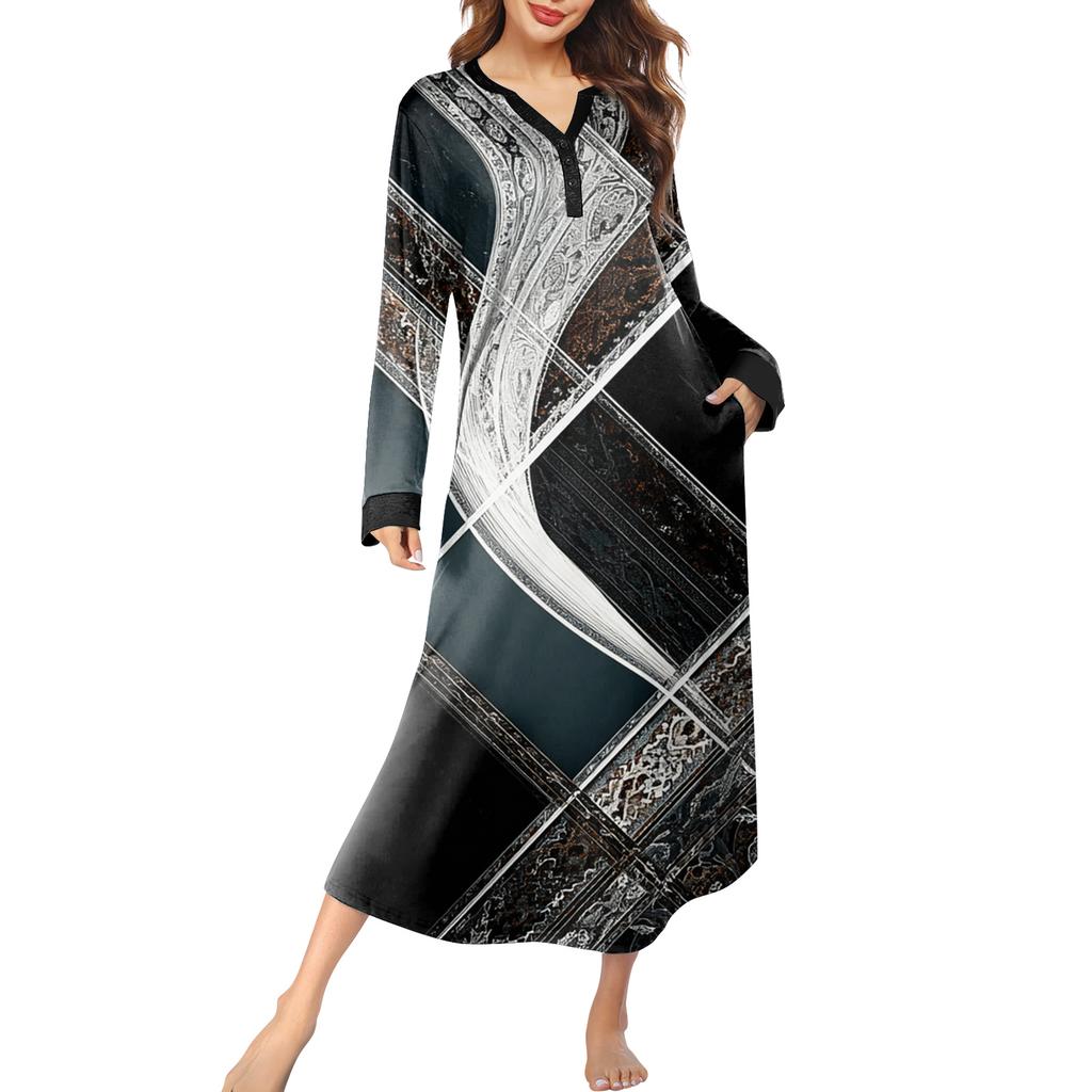 Dámská noční košile dlouhá společenská V-výstřih noční košile s kapsami