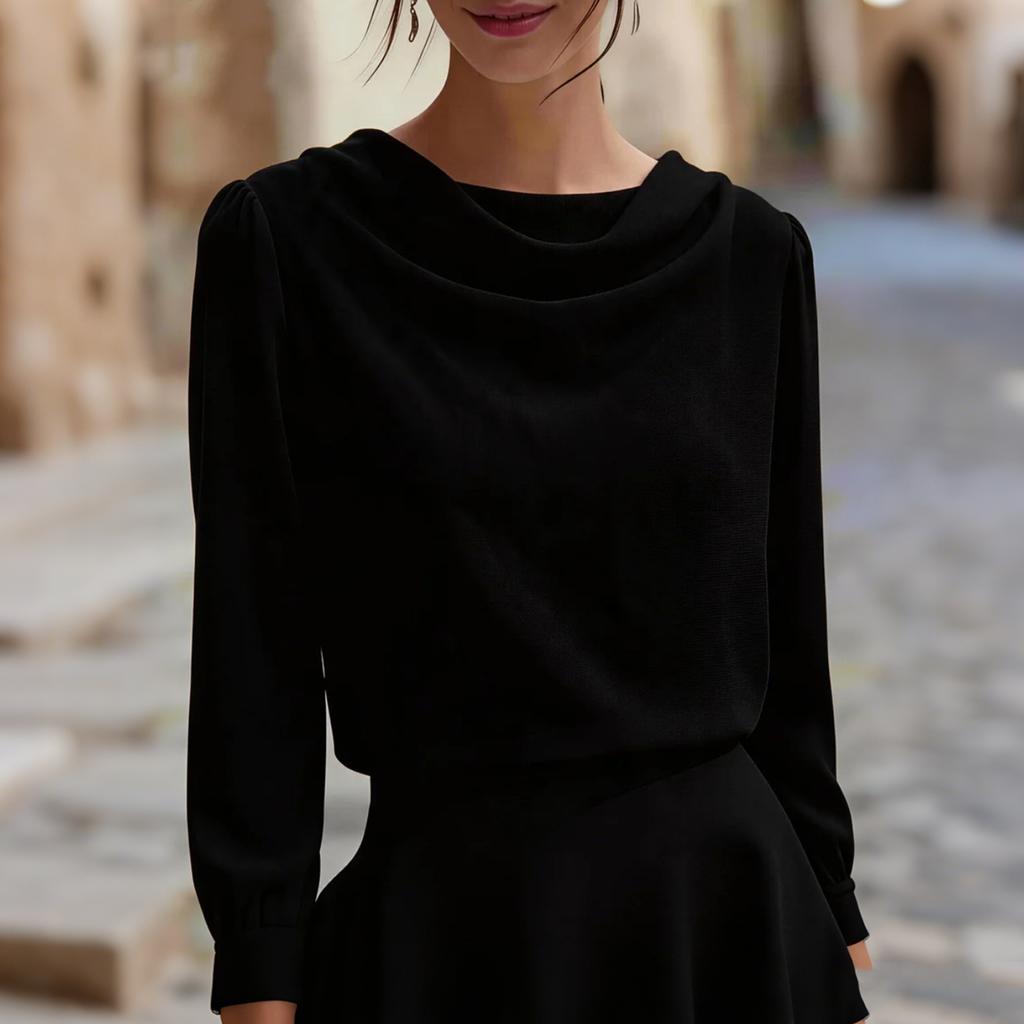 Women's Cowl Neck Long Sleeve Chiffon Blouse Color Top