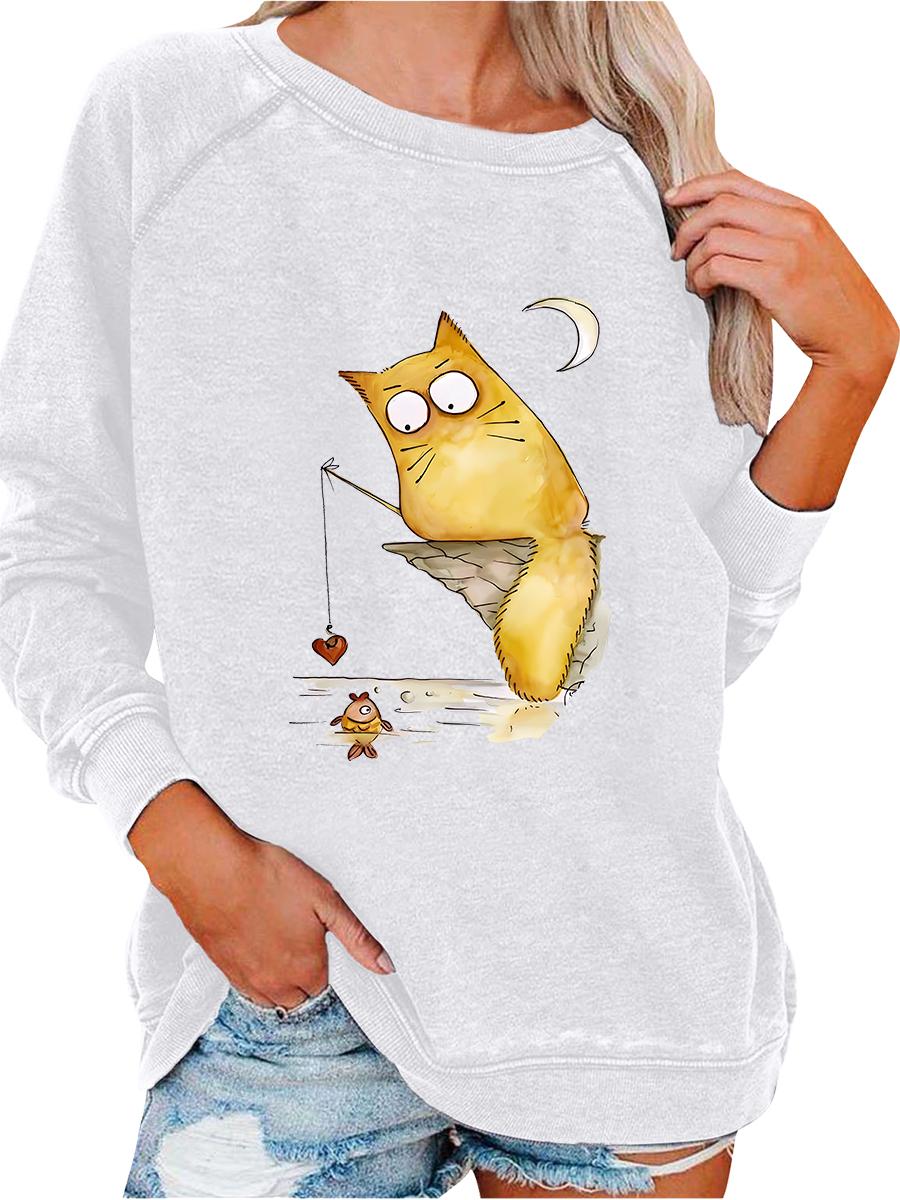 

Female Oversized Sweatshirt Spring/Fall Fashion Cat Print Top Women s Pullover Sweatshirt S белый