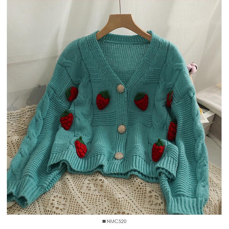 Korean Style Strawberry Embroidered 3D Crochet Cardigan - Women's Chunky Knit Long Sleeve Autumn 2026