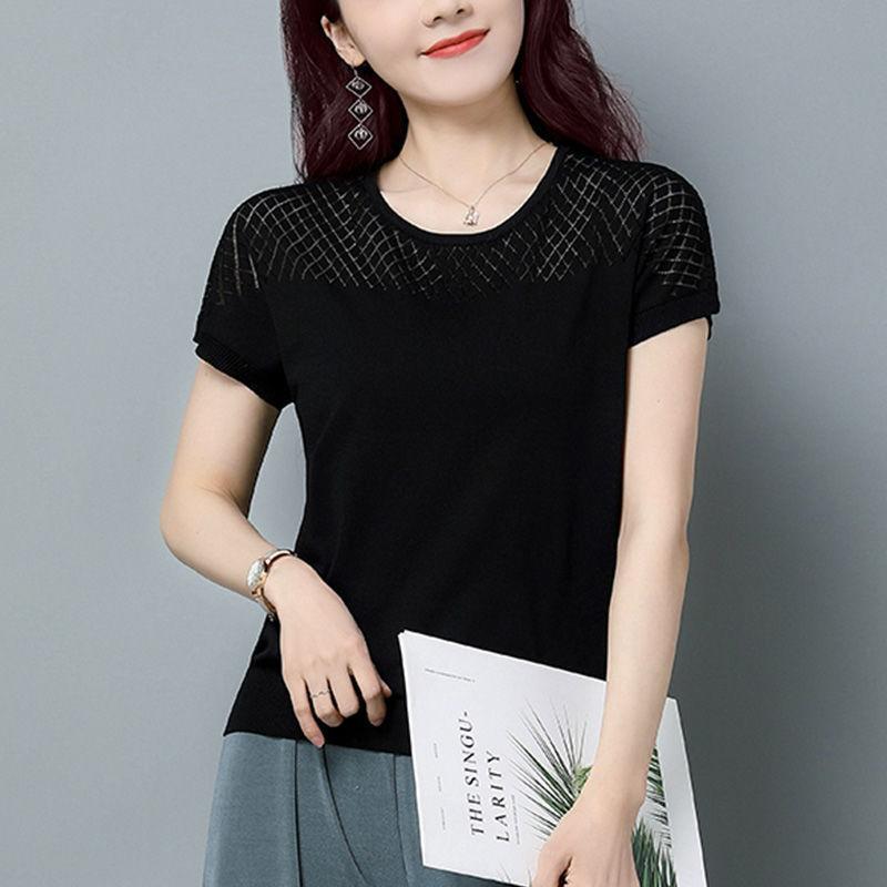 Dámské duté tričko s krátkým rukávem pro matky, tenký top, letní volný svetr z ledového hedvábí