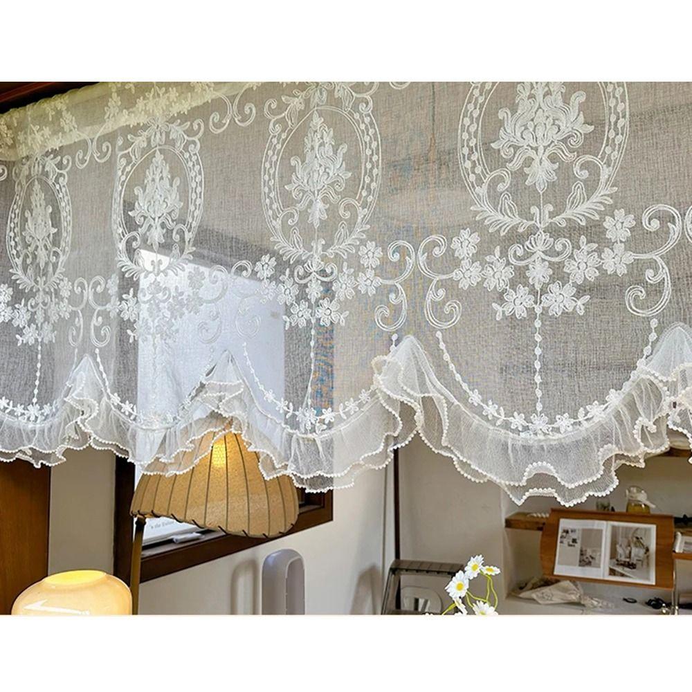 Wavy Edge Ruffled Lace Short Sheer Curtain Floral Short Tulle Drapery  Door