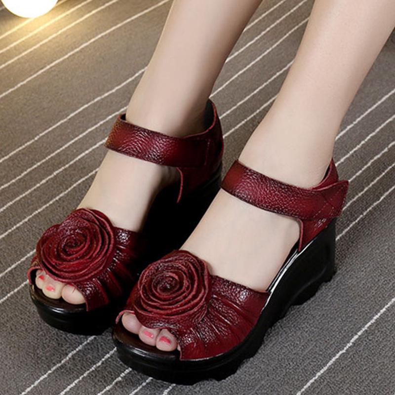 Comemore Genuine Leather Chunky-Heel Women's Sandals Flower High Heels Luxury Summer Sandal for Women 2025 High-heeled Shoes Red