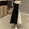 Large size contrasting color splicing fake two-piece shirt dress women's summer new waist and thin dress