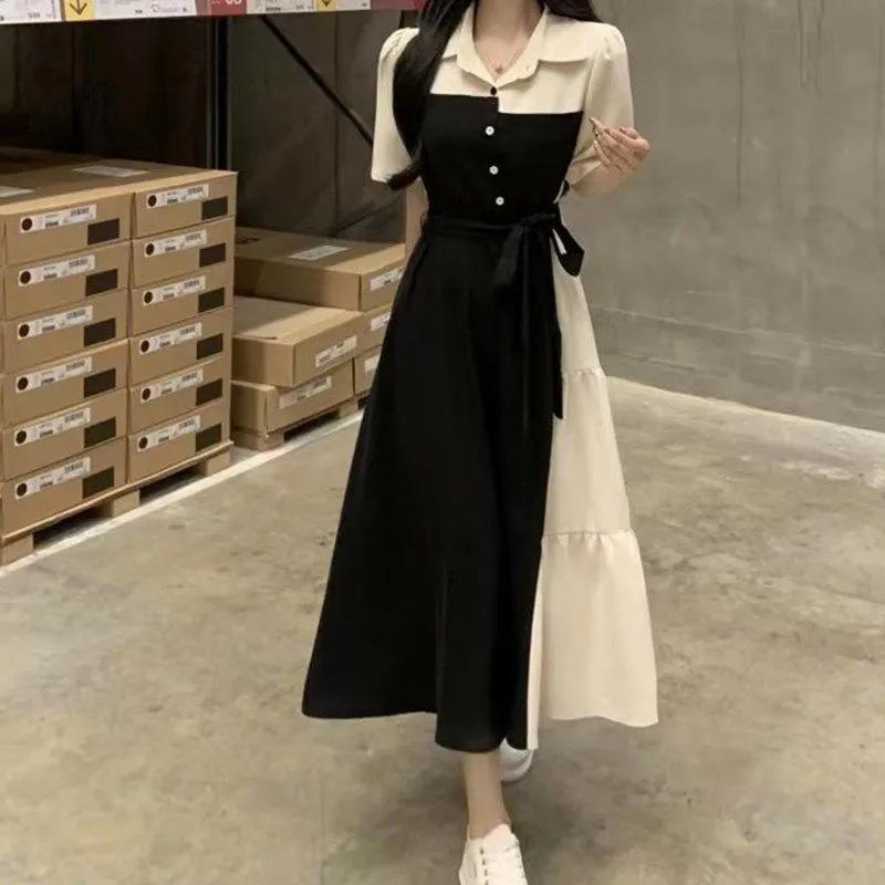Large size contrasting color splicing fake two-piece shirt dress women's summer new waist and thin dress