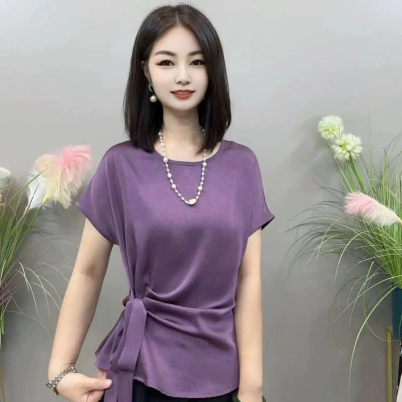 Womens Casual Solid Color Tie Waist Short Sleeve Blouse